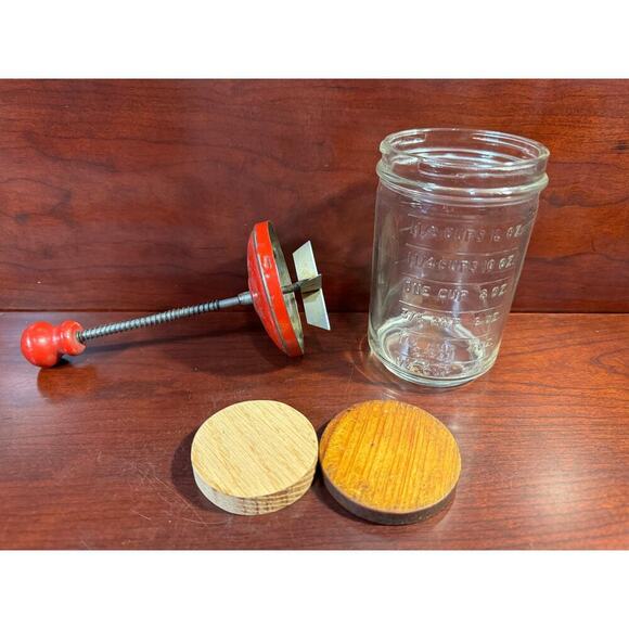 Antique Red Handle Hazel Atlas Glass Jar Chopper Measuring Cup - Picture 6 of 7